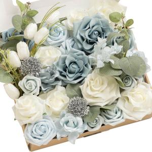 Ling's moment Fake Flowers Box, Faux Artificial Greenery Stems Foam Roses Gardenia Silk Eucalyptus Fabic Flower for Centerpieces Bouquet Wedding Vase Decorations, Dusty Blue & White, Grand Combo