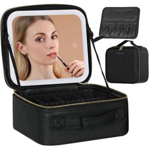 Travel Makeup Bag with LED Lighted Mirror, Cosmetic Makeup Organizer Bag with 3 Color Setting, Makeup Train Case with Adjustable Dividers for Women Makeup Brushes Jewelry Accessories (Black)