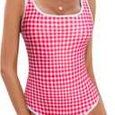 BMJL Women's One Piece Swimsuit Sports Adjustable Strap Bathing Suit Color Block Ribbed High Cut Swimsuits (X-Large, Red Plaid029)
