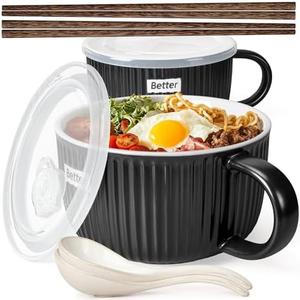 Artena 38 oz Soup Bowls with Handles, Lids, Spoons & Chopsticks – 6 Inch Large Microwave Safe Ceramic Ramen Bowls, Soup Mugs & Cereal Bowls for Instant Noodles, Oatmeal, Meal Prep (Black-Set of 2)