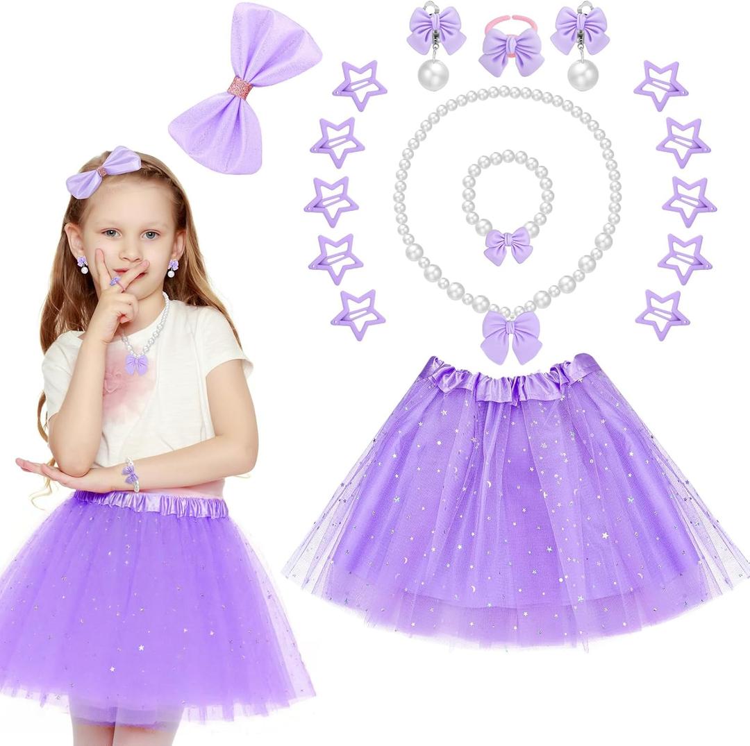 16 Pieces Tutu Dress Up Set for Girls 3-8 Years, Princess Costume with Hair Accessories Set (Purple)