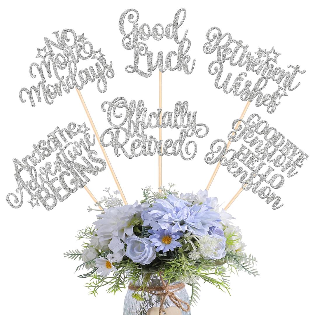 12 Pack Happy Retirement Centerpiece Sticks Officially Retired Table Flower Centerpieces Sticks No Work Zone Floral Decorations for Retirement Theme Birthday Party Centerpieces Supplies Silver