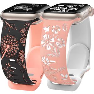 Wearlizer 2 Packs Floral Engraved Compatible with Apple Watch Bands 38/40/41/42/44/45/46/49mm Women, Cute Two-Tone Soft Silicone Strap for iWatch Series 11 10 9 8 7 6 5 4 3 SE/Ultra 3 2 1