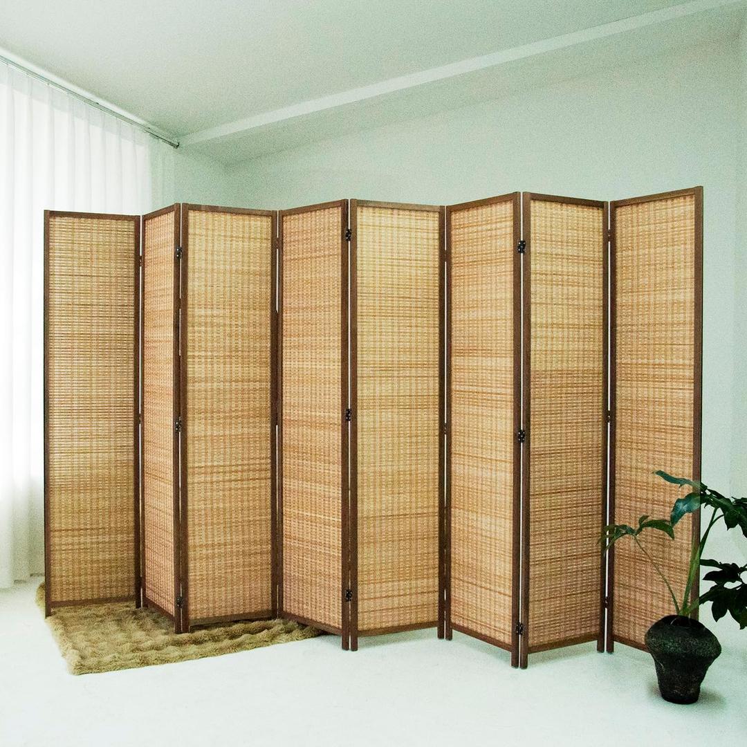 8 Panel Bamboo Room Divider - 5.6 ft Tall Brown Folding Privacy Screen, Double-Sided Freestanding Partition Wall with Natural Wood Frame for Home Office & Corner Privacy