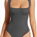 MANGOPOP Women's Square Neck Tank Top Bodysuit Sexy Double Lined Sleeveless Thong Body Suits Going Out Tops (Large, 03 Sleeveless Deep Grey)