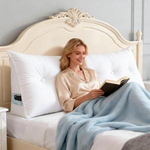 Headboard Pillow Queen, 59" Large Wedge Reading Pillow for Bed Sitting Up, Decorative Bolster Cushion Backrest for Sofa & Daybed, Soft Plush Cover with Side Pockets, Beige
