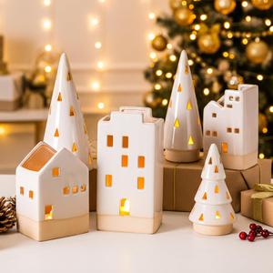 6 Pcs Christmas Ceramic Buildings Decoration, 4.4" to 9.4" White Christmas Tree & Houses Tealight Candle Holders Centerpiece Set for Winter Holiday Village Tabletop Mantel