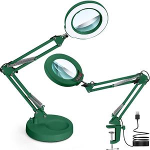 10X Magnifying Glass with Light and Stand, Upgrade Button 5 Color Modes Stepless Dimmable, 2-in-1 LED Lighted Magnifier Light, Hands Free Desk Lamp with Clamp for Craft Hobby Close Work - Green