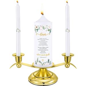 Landhoow 3 Unity Floral Candles for Wedding Ceremony Set with Golden Holder White Pillar and Taper Candles Religious Wedding Catholic Anniversary Big Events Gifts for Couple