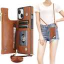 Bocasal Crossbody Wallet Case for iPhone 15 with RFID Blocking Card Slot Holder, Magnetic Flip Folio Purse Case, PU Leather Zipper Handbag with Detachable Lanyard Strap 6.1 Inch 5G (Brown)