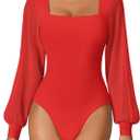 Avidlove Women Puff Long Sleeve Bodysuit Mesh Square Neck Thong Sexy Body Suits Double Lined Leotards (Medium, Red)