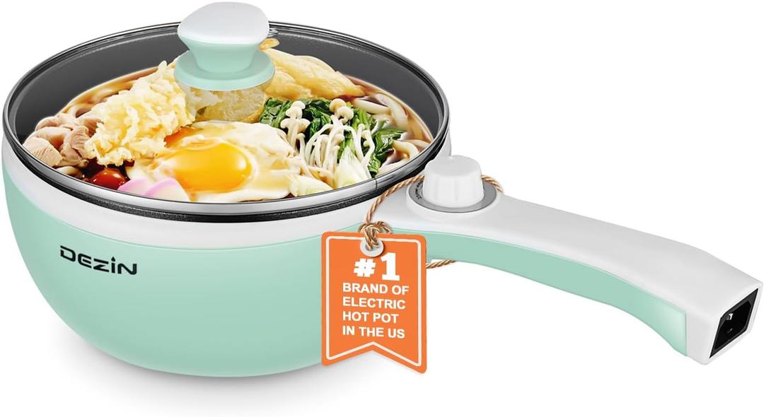 Dezin Hot Pot Electric Upgraded, Non-Stick Saut Pan, Rapid Noodles Electric Pot, 1.5L Mini Portable Hot Pot for Steak, Egg, Fried Rice, Ramen, Oatmeal, Soup with Power Adjustment (Green)