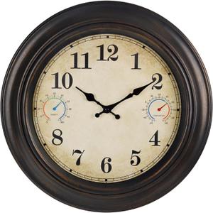 18 Inch Large Outdoor Wall Clock with Thermometer & Hygrometer, Waterproof Retro Bronze Garden Clock for Patio, Pool, Backyard, Farmhouse Decor, Silent Non-Ticking