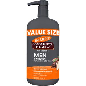 Palmer's Cocoa Butter Formula Men's Face Moisturizer & Body Lotion for Dry Skin, 33.8 oz, 3-in-1 Fast Absorbing Lotion for Men, 48-Hr Hydration with Vitamin E, Soothes Dryness, Dermatologist Approved