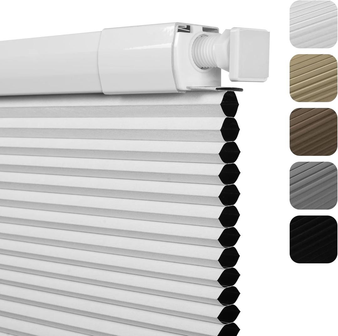 No Drill No Tools Blackout Cellular Shades Easy to Install for Indoor Windows Cordless Honeycomb Blinds Thermal Insulated Noise Reduction, White, Custom Size