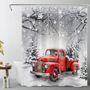 Red Truck Christmas Shower Curtain Decor, Xmas Wreath and Pine Tree on Retro Truck Winter Snow Shower Curtain for Bathroom 72x60 Inch Polyester Fabric Bathroom Decoration Bath Curtains Hooks Included