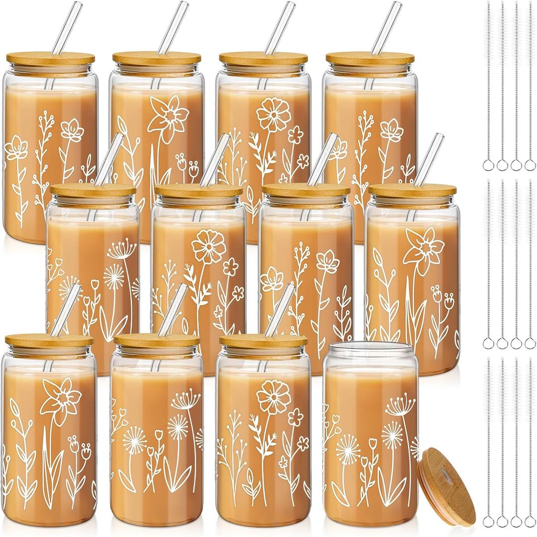 Mumufy 12 Pack Wedding Glass Tumblers Boho Floral 16oz Iced Coffee Cups with Bamboo Lids and Straws Elegant Bridal Shower and Bridesmaid Gifts