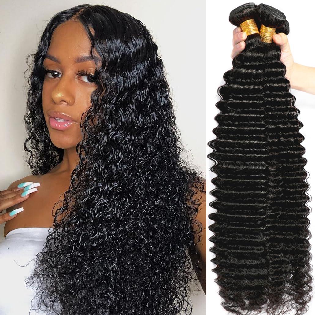 Deep Wave Human Hair Bundles Deep Wave Bundle 26 inch Double Weft 3 Bundles for Women Natural Black Color