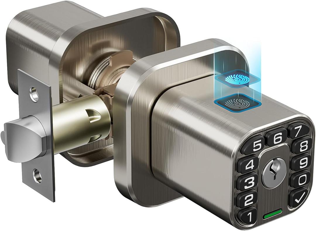 Richelock Fingerprint Door knob, Smart Biometric Door Lock with Keypad, Keyless Entry Code Door Knob, Waterproof & Weatherproof , Auto Lock ,Voice Navigation, For Bedroom, Gate,Office -Satin Nickel
