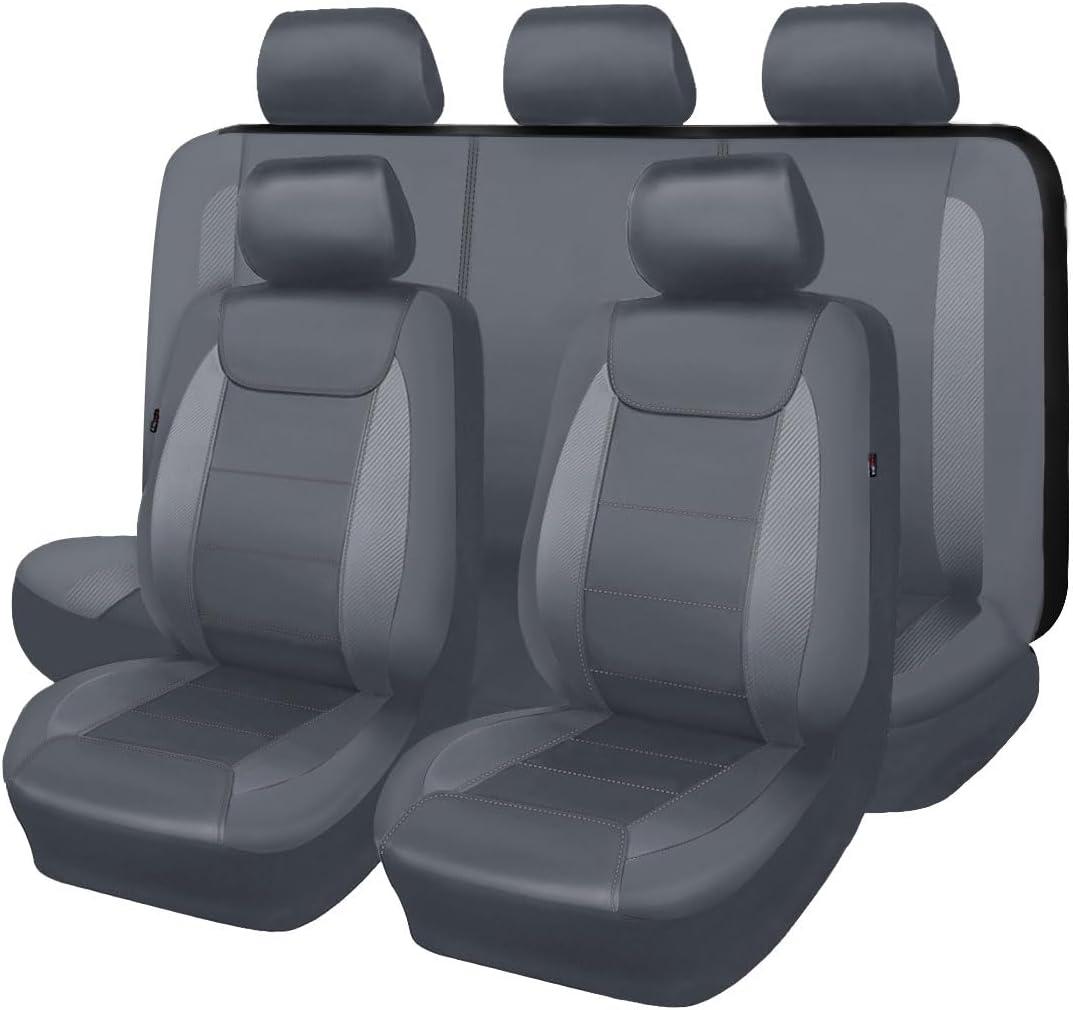 Flying Banner car seat Covers Protects Water Proof Faux Leather Carbon Fiber Front and Rear Bench Split 40/60 50/50 60/40(Gray Gray, Full Set - 8PCS)
