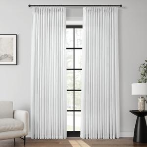 94 Inch Long Pleated Linen Curtains 2 Panel Set for Living Room 350GSM Thick Linen Textured Drapes Pinch Pleat Pure Snow White Ivory Semi Sheer Curtain for Dining Room Office Sliding Glass Doors