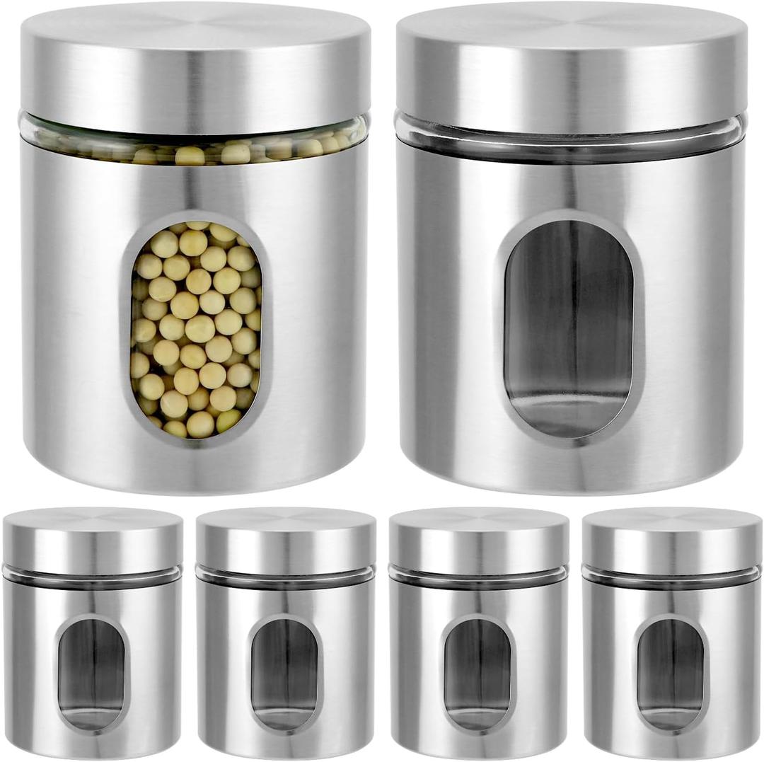 QWORK 6 Pack 20 oz Stainless Steel Glass Kitchen Canisters Set, Airtight Food Storage Containers with Window, for Flour Cookies Spices Grains