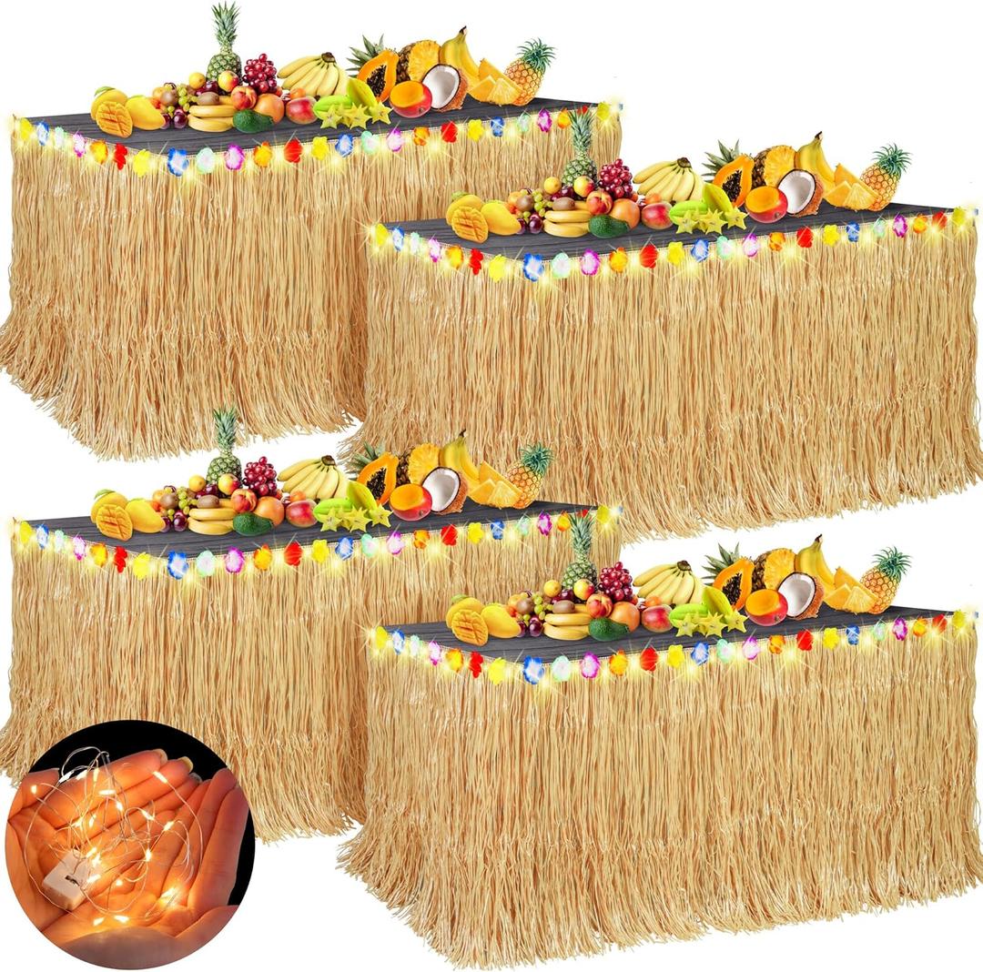 Aneco 4 Pieces 9 Ft x 30 Inches Luau Grass Table Skirts with LED String Light Hawaiian Table Skirt Lighted Grass Skirt Table Fringe for Tropical, Hawaiian Themed, Birthday Party (Natural)