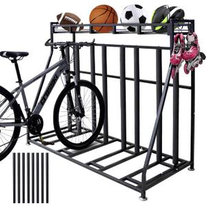 4 Bike Stand Rack with Storage  Bike Rack Floor Stand- Garage Organizer - 2024 Upgrade Tube Diameter 19mm with 8 Sponge Columns - Indoor Bike Storage for Parking Road, Mountain, Hybrid or Kids Bikes (Black)