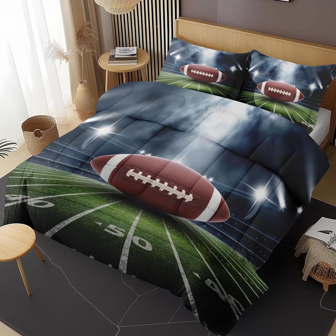 Football Full Comforter Set, Rugby Field Football Bedding Set 3 Piece, All Season Soft Toddlers Children Adults Bedroom Bed Decoration Comforter and 2 Pillow Shams (Brown Green)