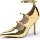 IDIFU IN4 Women's Pumps High Heels Dress Shoes for Women Closed Toe Strappy Heels Wedding Comfortable Dressy Formal Stiletto Ankle Strap Pointed Toe Three Strap Heels Pump Shoes (7.5, Gold Patent)