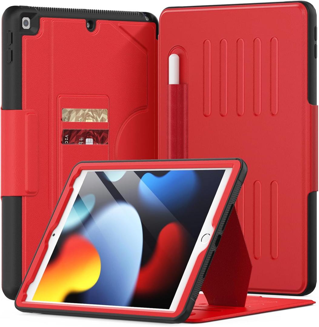 Case for iPad 9th/8th/7th Generation Case 10.2 inch 2021/2020/2019, PU Leather Strong Magnetic Cover with Multi-Angle Magnetic Stand, Pencil Holder, Card Slots, Auto Sleep/Wake, Red