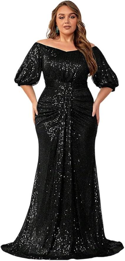 Women's Plus Size Off Shoulder Puff Sleeve Sequin Formal Maxi Dress Evening Party Gowns 2XL