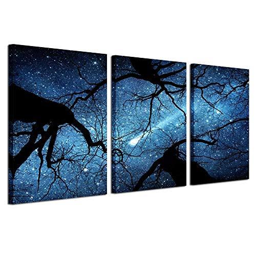 KREATIVE ARTS Night Starry Sky Surrounded Trees Forest Canvas Wall Art Prints Landscape Canvas Picture Wall Decal Home Decoration Ready to Hang 16x24nichx3pcs