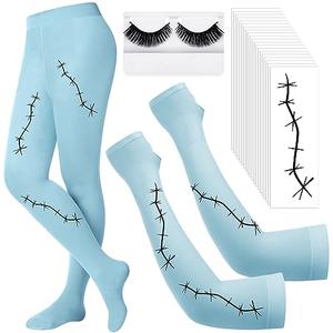 Didaey Halloween Costume Accessories for Women Halloween Scar Arm Sleeves Footed Tights False Lashes Scar Tattoos for Cosplay (Blue)