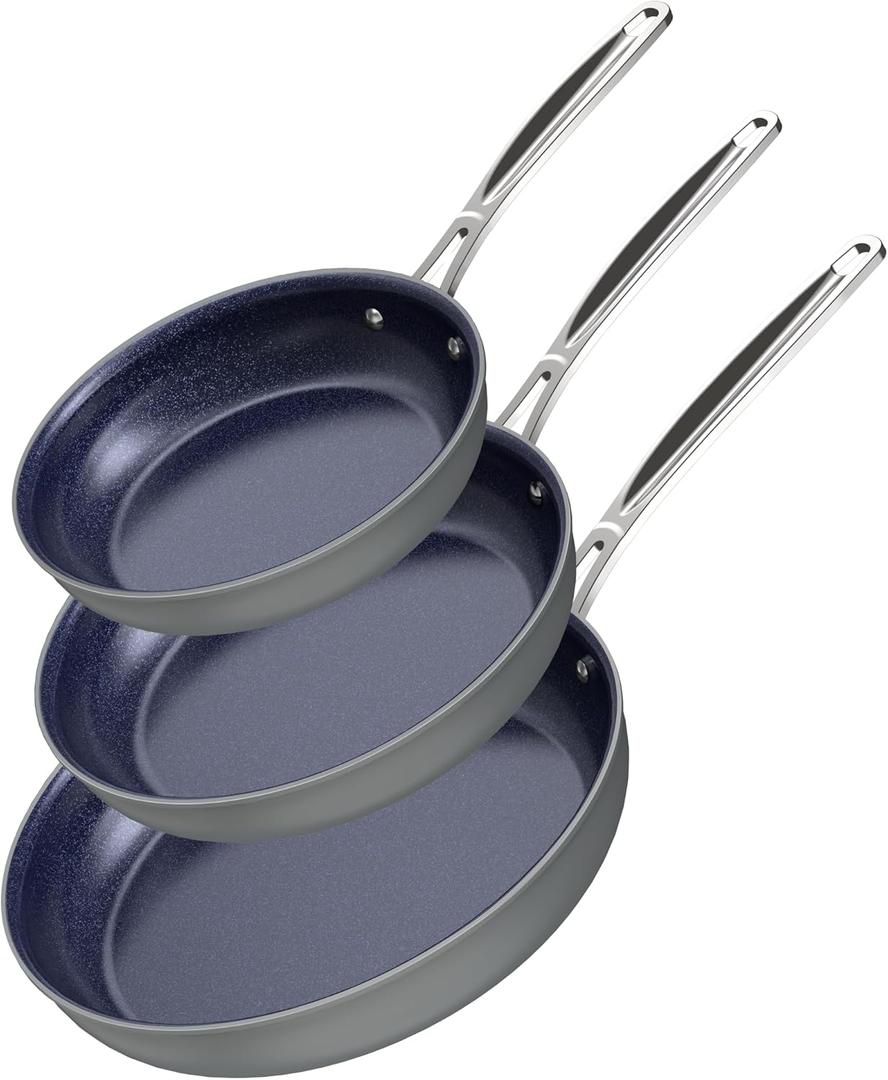 Nuwave 3-Piece 8, 10, 12 Forged Lightweight Frying Pan Set, G10 Healthy Duralon Blue Ceramic Ultra Non-Stick, Ergonomic Stay-Cool Handles, Induction-Ready & Works on All Cooktops