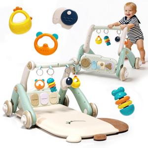 2 in 1 Baby Gym with Walker,Baby Play Mat with 4 Infant Learning Sensory,Double-Sided Multifunctional Removable Play Piano Panel,Sit-to-Stand Learning Walker for 0-24 Months Boy Girl [White]