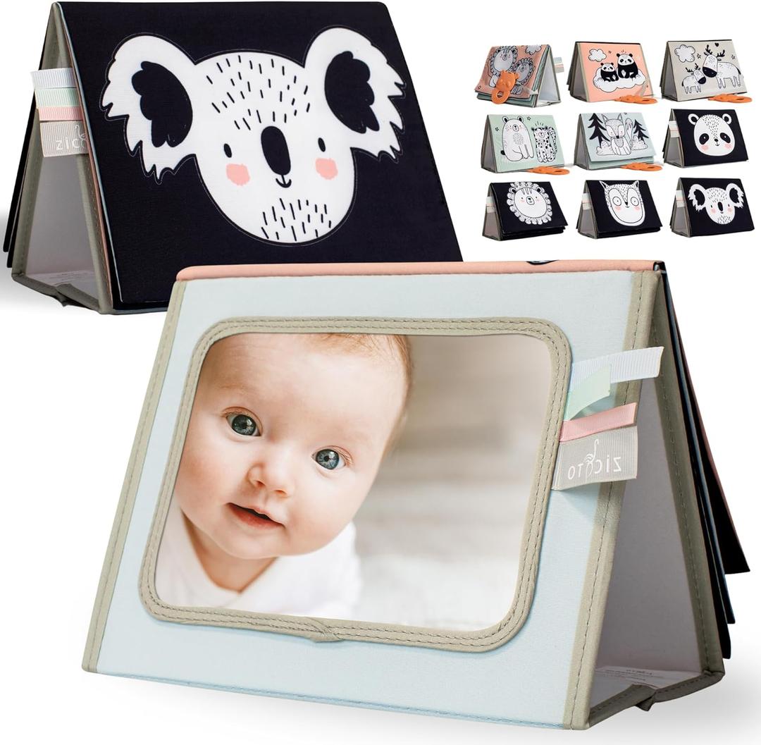 Soft Tummy Time Book w/ Large Stimulating Baby Safe Mirror - Fun High Contrast Montessori Toy w/ Mirror, Crinkle Filling & Silicone Teether - The Perfect Toy For Safe Early Newborn/Infant Development