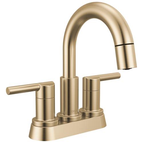 Delta Nicoli Centerset Brushed Gold Bathroom Faucet with Sprayer, 4 Inch 3 Hole Bathroom Sink Faucet with Pull Out Sprayer, Push-Pop Drain, Champagne Bronze 25749LF-CZPD