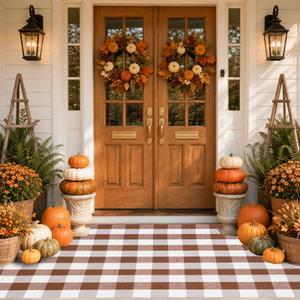 PIXFAIRY Buffalo Plaid Area Rug 5x7 Ft, Brown White Indoor Outdoor Rug