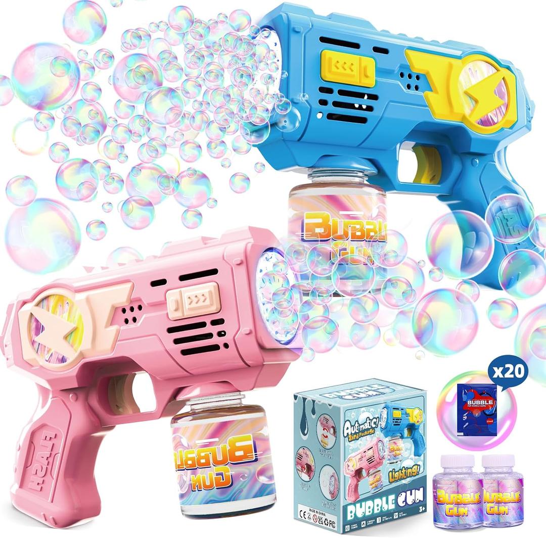 Bubble Gun Toys for 3+ Year Old Kids Boys Girls, LED 2 Pack Automatic Bubble Machine with Bubble Solution, Summer Outdoor Kids Toys for Ages 3-4,4-6,5-7, Birthday Party Gifts for 3 4 5 6 7 8 Year Old