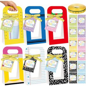 12Set Back to School Teacher Gifts Bulk Composition Book Cup Drink Carrier with Handle Greeting Card Red Blue Lined Crayon Design for Back to School Teacher Student Classroom Appreciation Party Favors