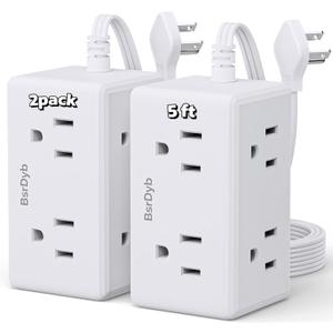 2 Pack 5Ft Flat Plug Small Power Strip,3-Side White Extension Cord with 6 Wide Outlets Extender,No Surge Protector,Cruise Ship Essentials,Multi Plug for College Dorm Home Office Travel,Wall Mount