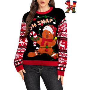 Ugly Christmas Sweater for Women Funny Crewneck Knit Christmas Sweater for Family Pullover Long Sleeve Top (Black)