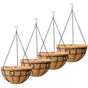 4 Pack 14 Inch Outdoor Plant Hanging Basket Round Metal Hanging Planter with Coco Coir Liner for Indoor Plants Baskets Railing Flower Pots Home Decor