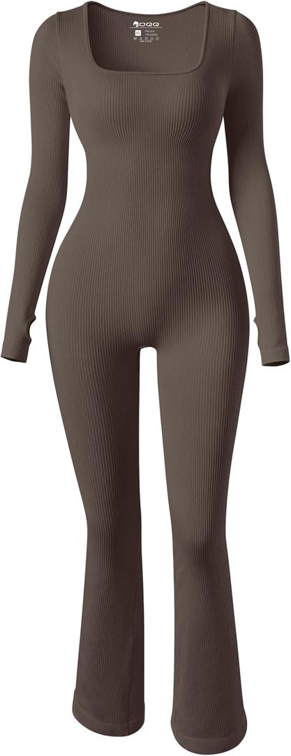 OQQ Women Yoga Jumpsuits Ribbed Exercise Long Sleeve Tops Bell Bottoms Flare Jumpsuits (Medium, Tea Leaf)