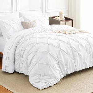 HIMEET Oversized Queen Comforter Set White - 7 Pieces Pintuck Bed in a Bag, Pinch Pleat Modern Room Decor, All-Season Soft Bedding Gift with Comforter, Sheets, Pillowcases & Shams