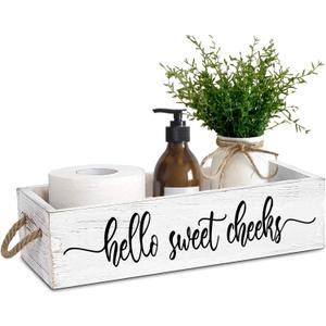 PZJIEAN Funny 2 Sides Hello Sweet Cheeks White Bathroom Decor Box with Handle, Farmhouse Bathroom Decor Box for Toilet Paper, Back of Toilet Organizer