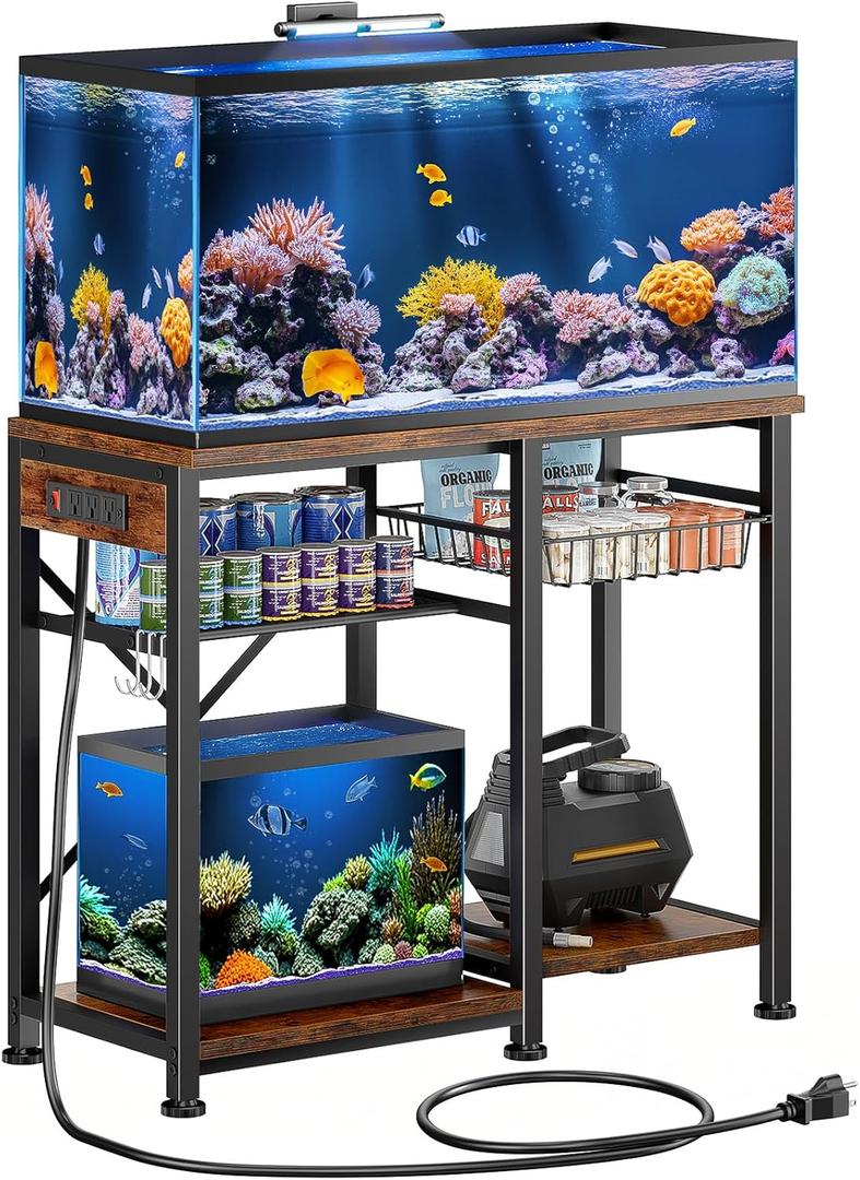 20-29 Gallon Aquarium Stand with 6 ft Power Strip, 5-Tier Metal Frame Fish Tank Stand 20 Gallon Fish Tank Stand 31.5" L*15.75" W Tabletop 400lbs Capacity (Vintage Brown, 20-29 Gallon)