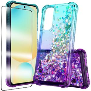 2 x for Samsung Galaxy A56 5G Case with Tempered Glass Screen Protector Glitter Bling Floating TPU Bumper Cushion Corners Protection Case - Purple