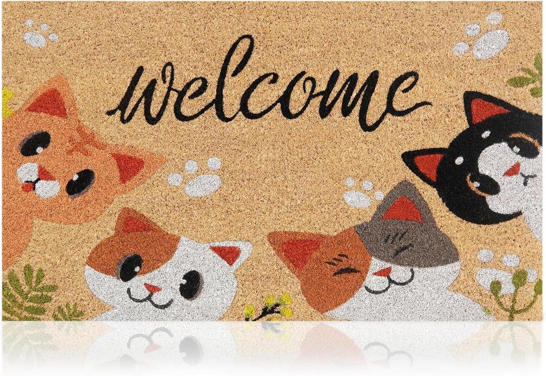 Cats - 17"x29" - Coir Door Mat with Heavy Duty Backing - Welcome Mats for Entryway, Porch - Anti-Slip PVC & Coconut Fiber Surface - Natural Home Accessories, Minimalist Original Design